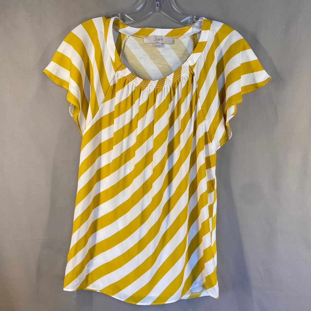 LOFT Round Collar Short Sleeve Blouse, Yellow stripes, Size XXS